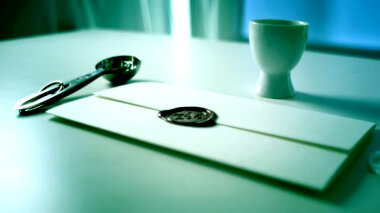 A sealed task brief, an egg cup and a set of measuring spoons on the lab table.
