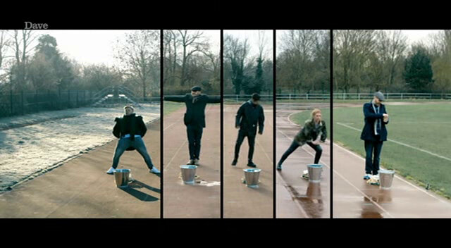 In split frame, each Taskmaster UK series 3 contestant stands behind a metal bucket on a running track ostensibly preparing for a race. In split frame, each Taskmaster UK series 3 contestant stands behind a metal bucket on a running track ostensibly preparing for a race.