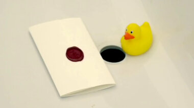 A sealed task and a rubber duck rest next to the drain of a bathtub.