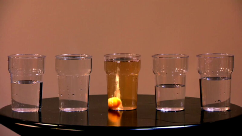 Five drinking glasses on a small black table. Four of the glasses of varying amounts of water and one is filled with yellow liquid and an egg yolk. Five drinking glasses on a small black table. Four of the glasses of varying amounts of water and one is filled with yellow liquid and an egg yolk.