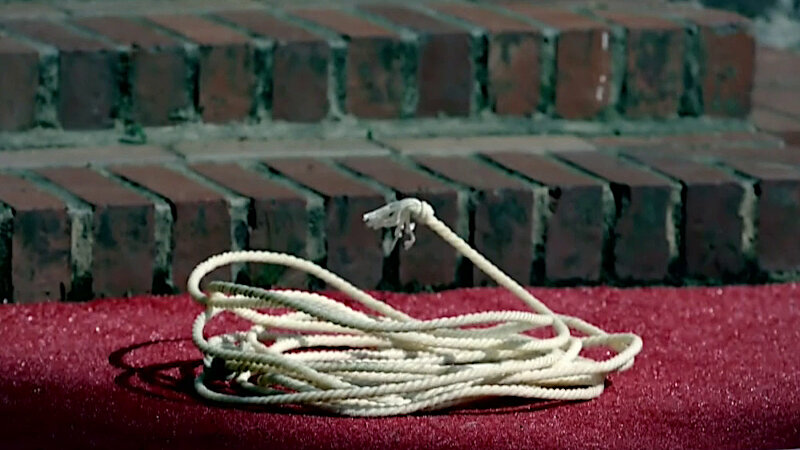 A coil of white rope sitting on a red carpet at the base of some red brick steps. A coil of white rope sitting on a red carpet at the base of some red brick steps.