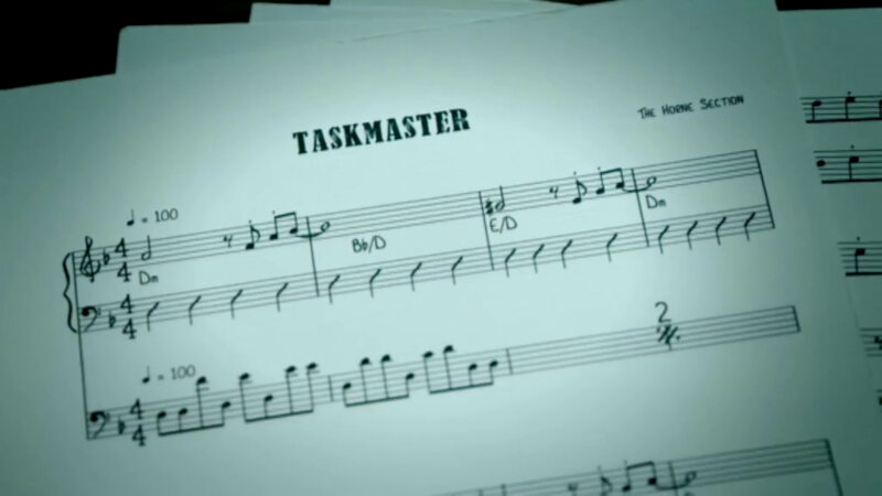 Some sheet music. The title of the music is 'Taskmaster', attributed to 'The Horne Section'. Some sheet music. The title of the music is 'Taskmaster', attributed to 'The Horne Section'.