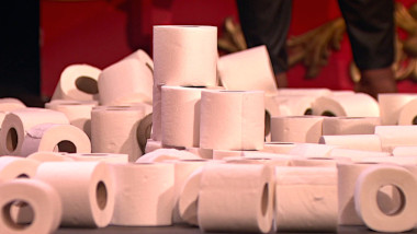 A small tower of toilet rolls with numerous toilet rolls strewn around it on all sides.