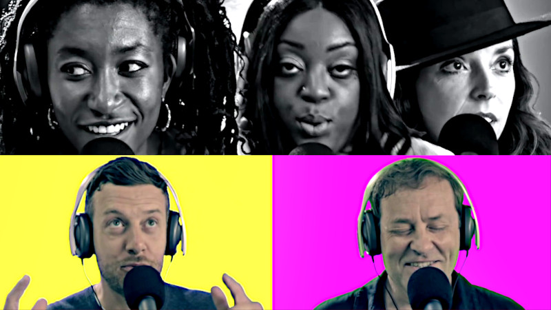 The cast of UK series 13 visible in split-screen each wearing over-ear headphones and in front of a large microphone. The cast of UK series 13 visible in split-screen each wearing over-ear headphones and in front of a large microphone.