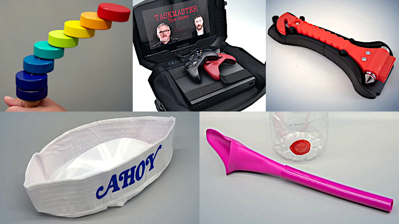 Five items display in a split view. A car-escape safety tool, a 'she-wee,' a sailor's hat, a balance toy and a portable video game console. Five items display in a split view. A car-escape safety tool, a 'she-wee,' a sailor's hat, a balance toy and a portable video game console.