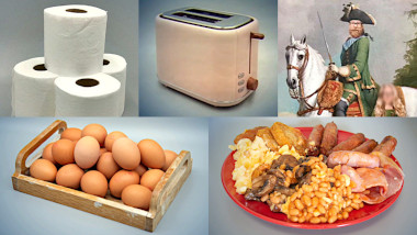 A composite image composed of five sections, featuring: A small stack of loo roll, a toaster, a painting of Frankie Boyle on a horse, a tray of eggs and a full English breakfast.