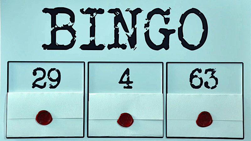 The word 'BINGO' at the top of a board with three numbers below it: 29, 4, and 63. Below each number is a sealed task brief. The word 'BINGO' at the top of a board with three numbers below it: 29, 4, and 63. Below each number is a sealed task brief.