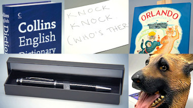 A composite image composed of five sections, featuring: a Collins English Dictionary; a white card that says 'Knock knock (Who's there?)'; the book 'Orlando the Marmalade Cat'; a pen in a case; and a rubber mask of a german shepherd.