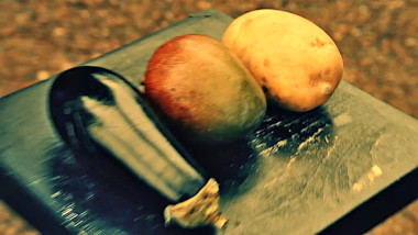 An aubergine, a potato and a mango sitting next to each other on a plinth in the driveway.