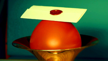 A sealed task brief balanced on an inflated balloon sitting in the bell of a brass instrument.
