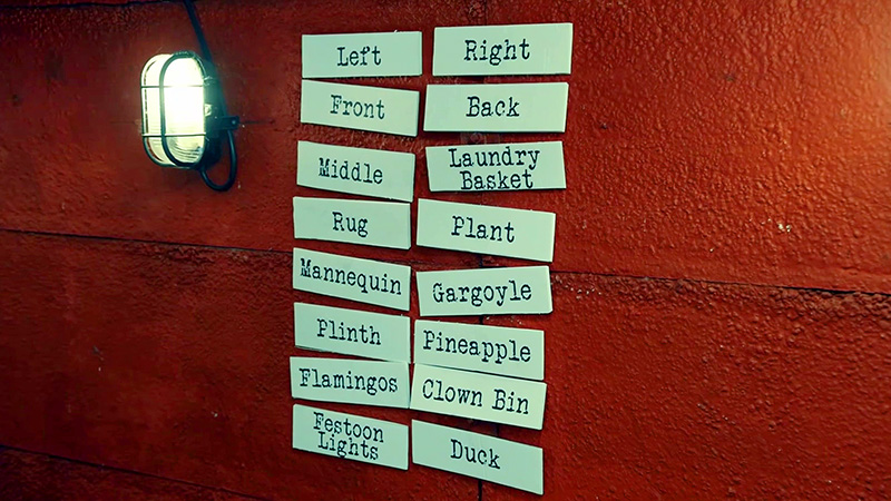 A wall of the garage with 16 labels on them: Left, Right, Front, Back, Middle, Laundry Basket, Rug, Plant, Mannequin, Gargoyle, Plinth, Pineapple, Flamingos, Clown Bin, Festoon Lights, and Duck. A wall of the garage with 16 labels on them: Left, Right, Front, Back, Middle, Laundry Basket, Rug, Plant, Mannequin, Gargoyle, Plinth, Pineapple, Flamingos, Clown Bin, Festoon Lights, and Duck.