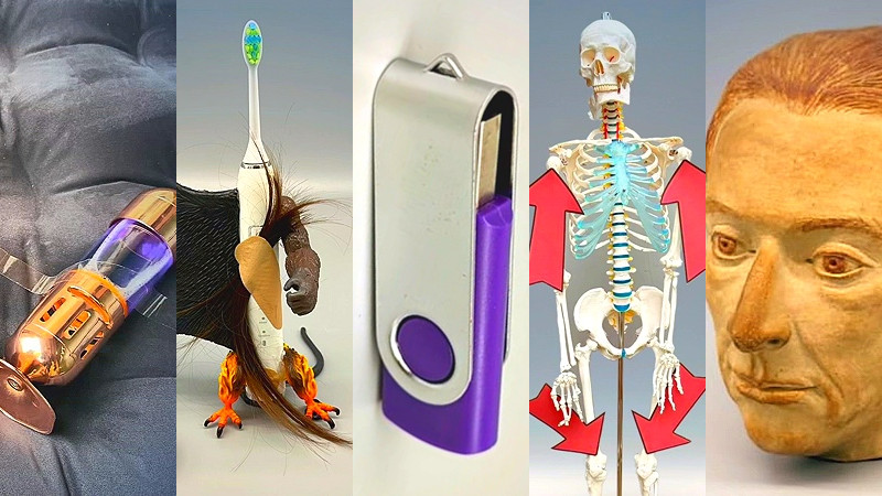A composite image composed of five sections, featuring: a lava lamp taped to a water bed; an electric toothbrush with toy parts attached to it; a USB drive; an anatomical skeleton with arrows pointing to knees and shoulders; and an art piece mannequin head. A composite image composed of five sections, featuring: a lava lamp taped to a water bed; an electric toothbrush with toy parts attached to it; a USB drive; an anatomical skeleton with arrows pointing to knees and shoulders; and an art piece mannequin head.