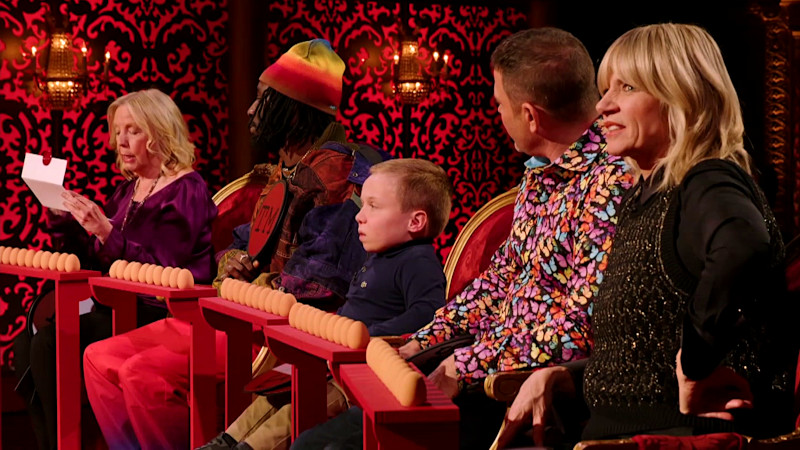The cast of UK New Years Treat 2024 seated on the studio stage. In front of each person there is a wooden tray with 10 eggs. The cast of UK New Years Treat 2024 seated on the studio stage. In front of each person there is a wooden tray with 10 eggs.