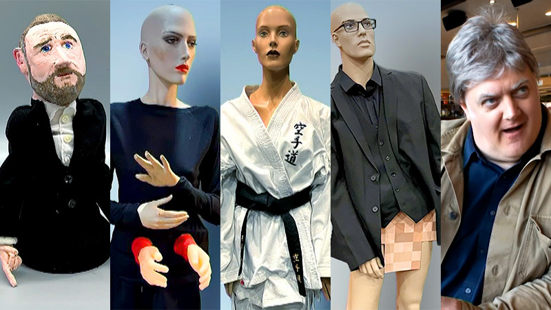 A composite image composed of five sections, featuring: a wooden puppet of Alex Horne; a mannequin with extra hands attached at the stomach; a karate gi; a mannequin dressed as Greg Davies with no pants and a pixelated crotch; and Dara O'Briain in a wig. A composite image composed of five sections, featuring: a wooden puppet of Alex Horne; a mannequin with extra hands attached at the stomach; a karate gi; a mannequin dressed as Greg Davies with no pants and a pixelated crotch; and Dara O'Briain in a wig.