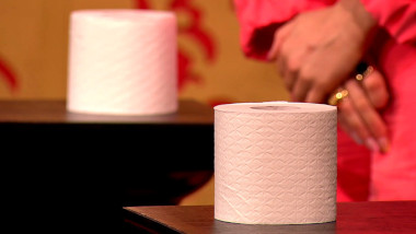 Two toilet rolls resting on black plinths. Joanne McNally can be seen behind them, slightly out-of-focus.