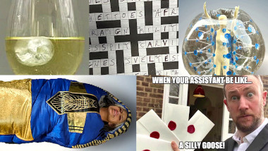A composite image composed of five sections. In each section is a different object brought in for the prize task. Clockwise from top left the prizes are: a glass of white wine with an ice cube in it brought in by Nick Mohammed; a partially filled in cryptic crossword brought in by Steve Pemberton; a Zorb with a plastic doll in it brought in by Sophie Willan; a Taskmaster meme brought in by John Robins, featuring a photo of Alex Horne holding up four fanned-out sealed task, with the caption 'WHEN YOUR ASSISTANT BE LIKE… A SILLY GOOSE!'; and a photo of Joanne McNally inside a Egyptian sarcophagus themed sleeping bag.