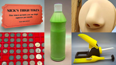 A composite image composed of five sections. In each section is a different object brought in for the prize task. Clockwise from top left the prizes are: an orange ticket brought in by Nick Mohammed that reads 'Nick's thigh token. This token permits you one thigh squeeze per month. Valid indefinitely.'; a green bottle of poster paint brought in by Sophie Willan; a rubber nose brought in by Joanne McNally; a black and yellow plastic and metal contraption that is used to fill bananas with fillings such as chocolate, brought in by Steve Pemberton; and two metal trays with many compartments lined with red material, holding farthing coins, brought in by John Robins.