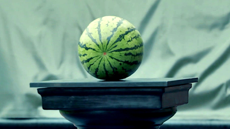 A watermelon on a black plinth in the Taskmaster house garden. A watermelon on a black plinth in the Taskmaster house garden.