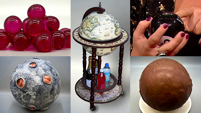 A composite image composed of five sections. In each section is a different object brought in for the prize task. Clockwise from top left the prizes are: a pile of translucent deep pink bath pearls brought in by Nick Mohammed; an ornate globe bar brought in by Joanne McNally; Sophie Willan's Magic 8-Ball; John Robins' giant Malteser resting on a plate with a regular Malteser in front; and Steve Pemberton' model of the moon, featuring photos of Alex's backside in the craters. A composite image composed of five sections. In each section is a different object brought in for the prize task. Clockwise from top left the prizes are: a pile of translucent deep pink bath pearls brought in by Nick Mohammed; an ornate globe bar brought in by Joanne McNally; Sophie Willan's Magic 8-Ball; John Robins' giant Malteser resting on a plate with a regular Malteser in front; and Steve Pemberton' model of the moon, featuring photos of Alex's backside in the craters.