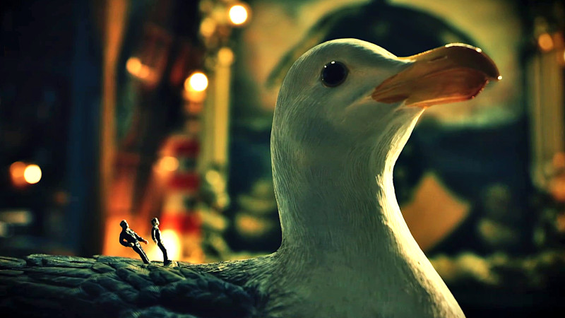A miniature Greg Davies and Alex Horne on the back of a seagull. A miniature Greg Davies and Alex Horne on the back of a seagull.