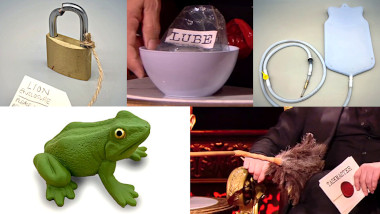 (In reading order, from top to bottom) A broken lock to a lion enclosure, a bowl with a squeezed bottle of lube, an enema kit, a plastic frog, and a feathered stick tickling Greg's thigh.